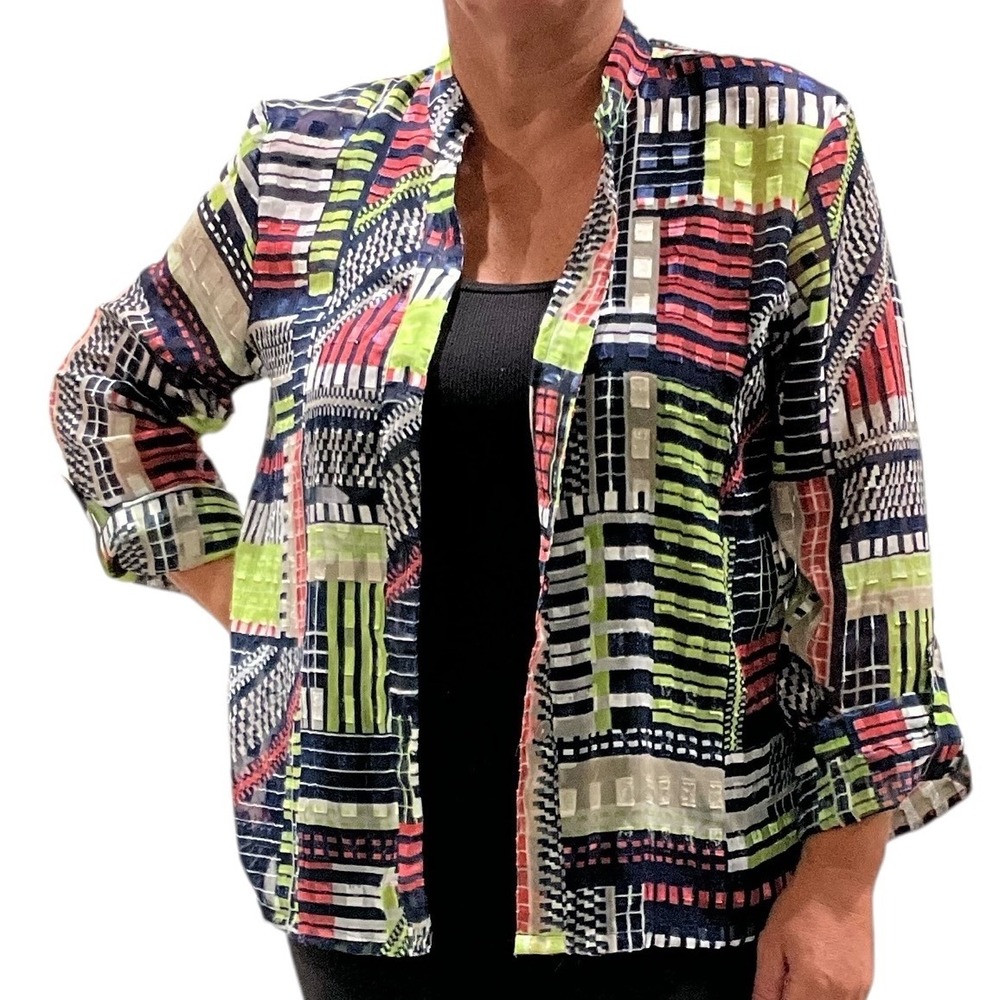 Ruby Rd Women Colorful Abstract Print Semi-Sheer Button-Up 3/4 Sleeve Shirt‎ Top
